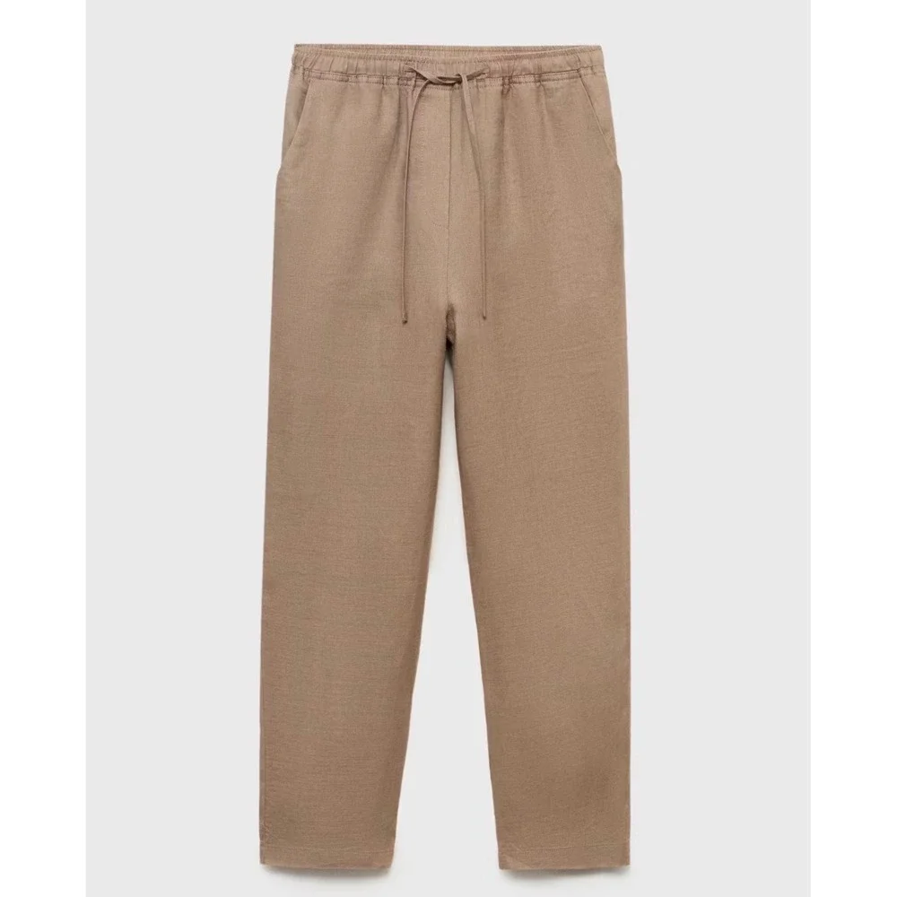 Mango MNG Women Medium Brown Linen Blend Drawstring Waist Trousers Size S NWT
